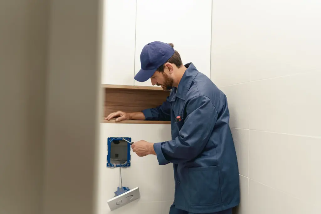 man-fixing-toilet-fixture-inside-home-bathroom-77CFJ7V